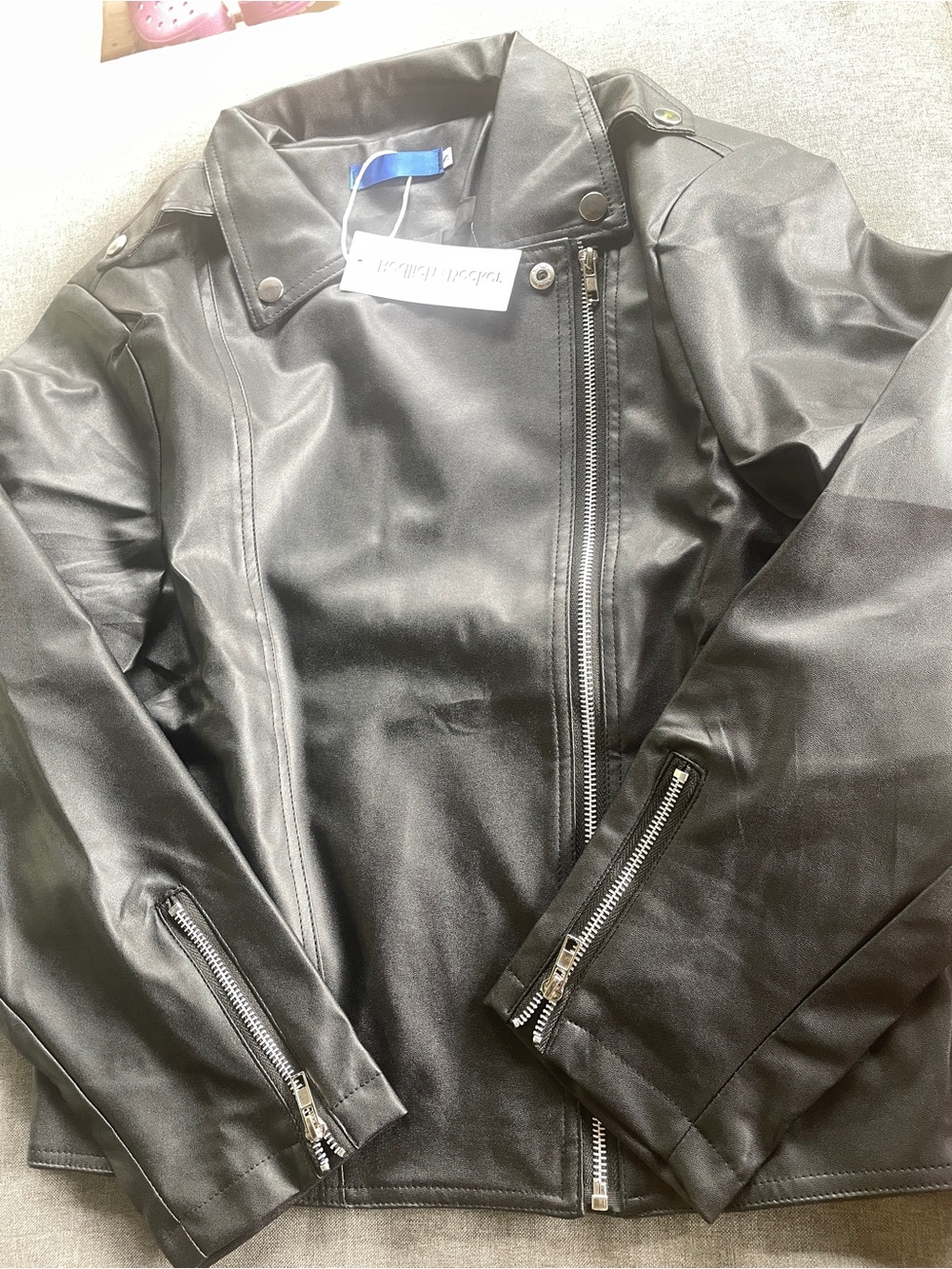 Black Faux Leather Asymmetrical Bomber Jacket - Unbranded